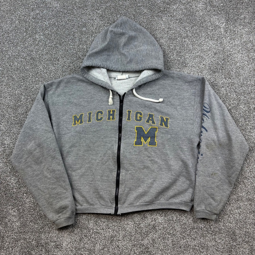 Vintage Michigan Wolverines Hoodie Womens Large Gray Cropped Full Zip Sweatshirt